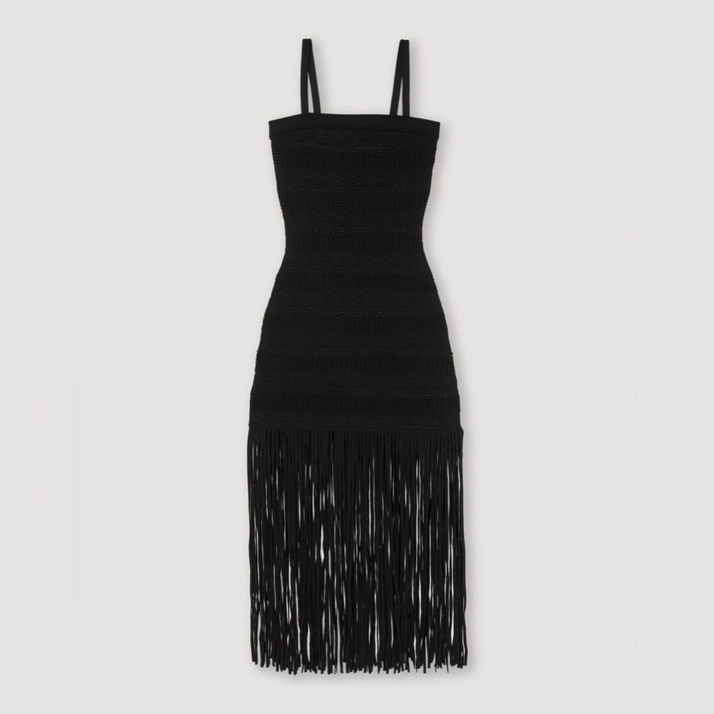 NWT Sandro Maldives Knit Fringe Strapless Dress Black Tight Bodycon Sz 40 - Picture 14 of 14